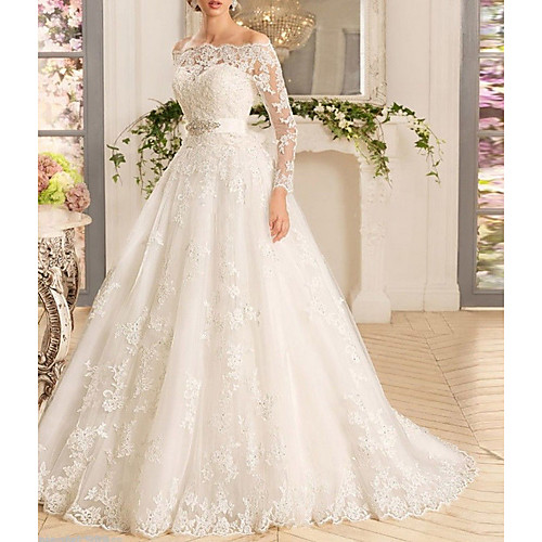 

A-Line Off Shoulder Sweep / Brush Train Tulle Regular Straps Made-To-Measure Wedding Dresses with Appliques 2020