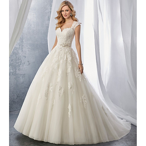 

Ball Gown Sweetheart Neckline Chapel Train Lace / Tulle Regular Straps Made-To-Measure Wedding Dresses with Appliques 2020