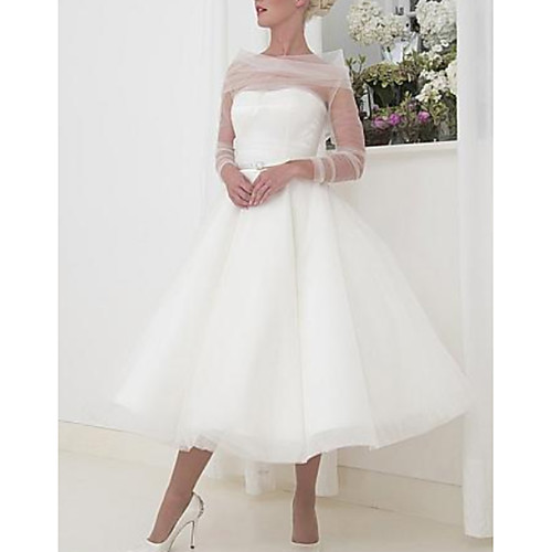 

A-Line Bateau Neck Tea Length Tulle Long Sleeve Vintage Little White Dress / 1950s Wedding Dresses with 2020