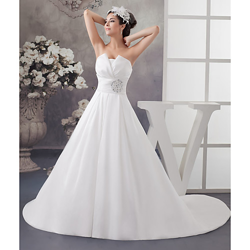 

A-Line Strapless Chapel Train Satin Strapless Made-To-Measure Wedding Dresses with Beading / Draping / Ruched 2020