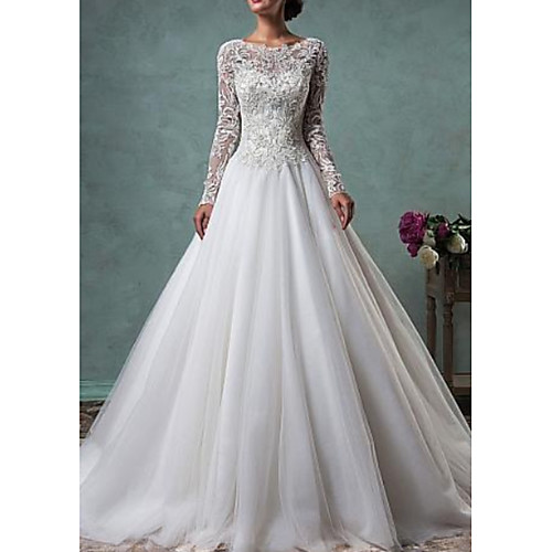 

A-Line Jewel Neck Sweep / Brush Train Lace / Tulle Long Sleeve Glamorous Backless / Illusion Sleeve Wedding Dresses with Buttons / Lace Insert 2020