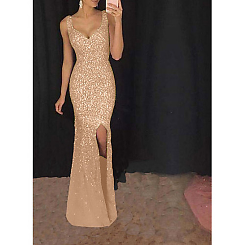 

Women's Maxi Blushing Pink Gold Dress Elegant Sexy Cocktail Party Prom Birthday Swing Solid Colored Strap Split Glitter S M