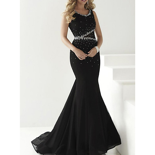 

Mermaid / Trumpet Jewel Neck Court Train Organza Sparkle / Black Engagement / Formal Evening Dress with Beading / Crystals 2020