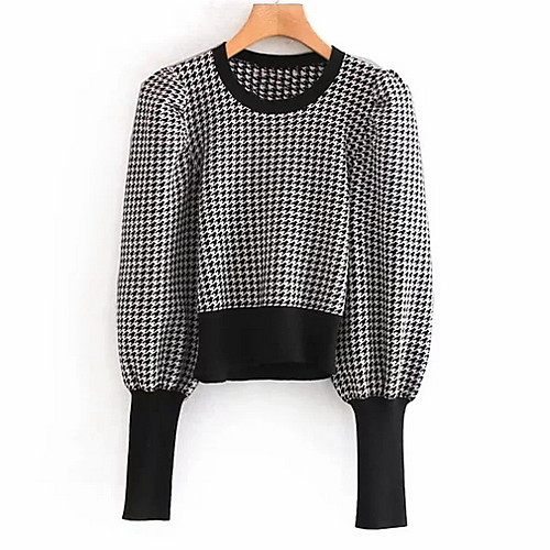 

Women's Check Long Sleeve Pullover Sweater Jumper, Round Black One-Size