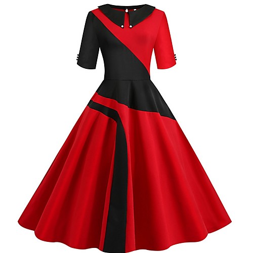 

Women's A Line Dress - Color Block Red S M L XL