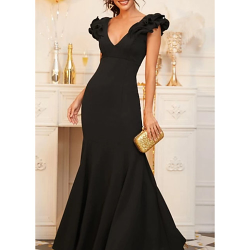 

Mermaid / Trumpet V Neck Floor Length Sequined Elegant / Black Formal Evening / Wedding Guest Dress with Ruffles 2020