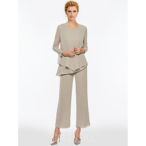 

Two Piece / Pantsuit / Jumpsuit Jewel Neck Ankle Length Chiffon Long Sleeve Wrap Included Mother of the Bride Dress with Ruching Mother's Day 2020