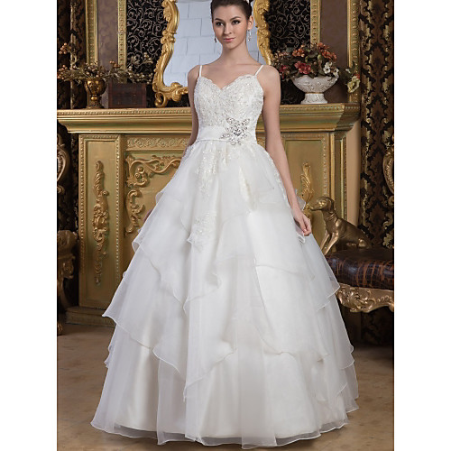 

Ball Gown V Neck Floor Length Lace / Organza / Satin Spaghetti Strap Made-To-Measure Wedding Dresses with Beading / Sashes / Ribbons / Cascading Ruffles 2020