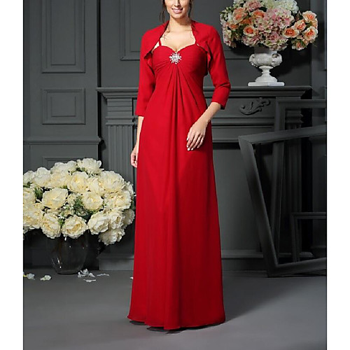 

A-Line / Two Piece Spaghetti Strap Floor Length Chiffon 3/4 Length Sleeve Wrap Included Mother of the Bride Dress with Crystal Brooch / Ruching 2020