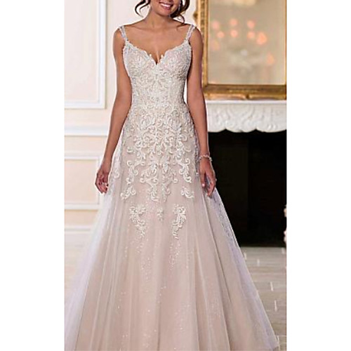 

A-Line Wedding Dresses V Neck Sweep / Brush Train Chiffon Tulle Spaghetti Strap Romantic Illusion Detail Backless with Beading Appliques 2020