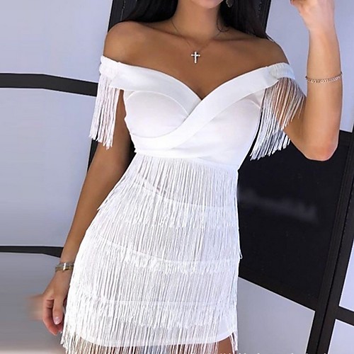 

Women's White Dress Shift Solid Colored Off Shoulder S M