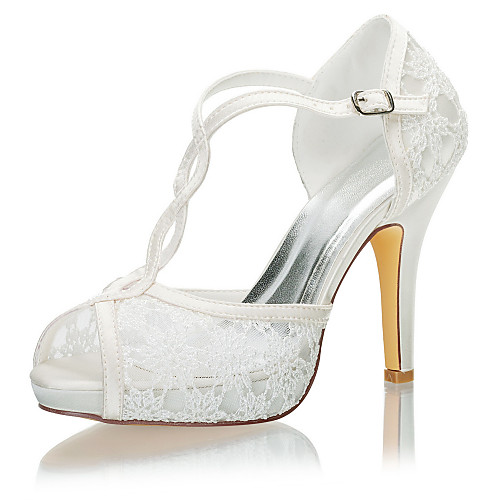 

Women's Wedding Shoes Stiletto Heel Peep Toe Buckle Satin Summer Ivory