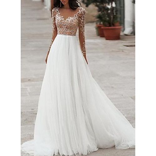 

A-Line Wedding Dresses V Neck Floor Length Tulle Long Sleeve Cheap Romantic Beach See-Through Illusion Sleeve with Beading Embroidery 2020