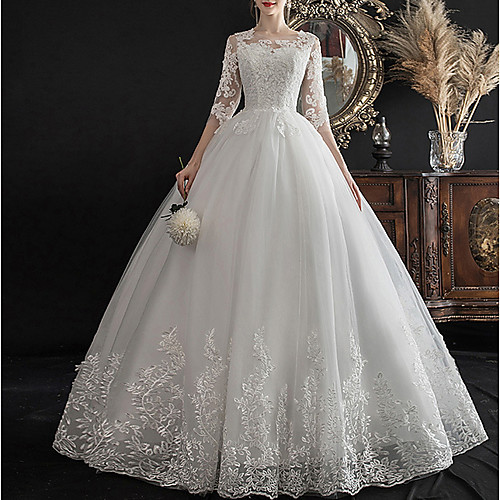 

A-Line Jewel Neck Sweep / Brush Train Lace Half Sleeve Glamorous See-Through / Illusion Sleeve Wedding Dresses with Lace Insert / Appliques 2020