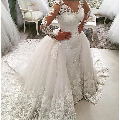 

Ball Gown Mermaid / Trumpet Wedding Dresses V Neck Sweep / Brush Train Lace Tulle Lace Over Satin Long Sleeve Glamorous See-Through Illusion Sleeve with Appliques 2020