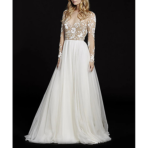 

A-Line V Neck Court Train Lace / Tulle Long Sleeve Made-To-Measure Wedding Dresses with Beading / Appliques 2020