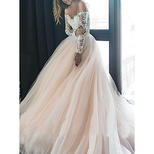 

A-Line Off Shoulder Sweep / Brush Train Tulle Long Sleeve Made-To-Measure Wedding Dresses with Lace Insert 2020