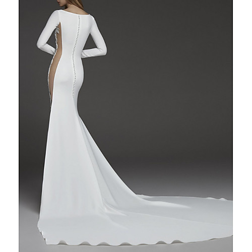 

Sheath / Column Jewel Neck Court Train Jersey Long Sleeve Made-To-Measure Wedding Dresses with Appliques / Split Front 2020