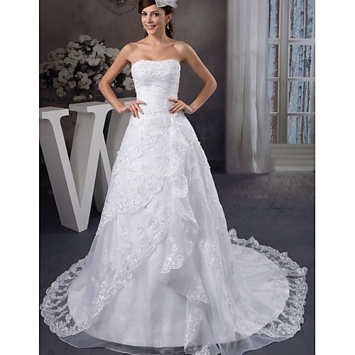 

A-Line Strapless Chapel Train Lace / Organza / Satin Strapless Made-To-Measure Wedding Dresses with Beading / Appliques / Cascading Ruffles 2020