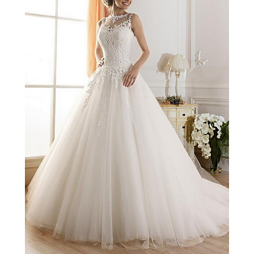 

A-Line Jewel Neck Sweep / Brush Train Tulle Regular Straps Glamorous Illusion Detail / Backless Wedding Dresses with Lace Insert 2020