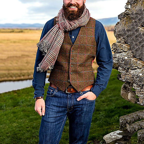 

Men's Vest, Plaid / Solid Colored V Neck Polyester Brown