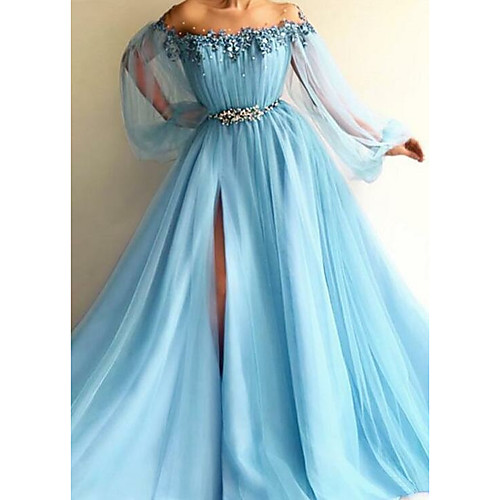

A-Line Off Shoulder Sweep / Brush Train Tulle Elegant Formal Evening Dress with Beading / Appliques / Split Front 2020
