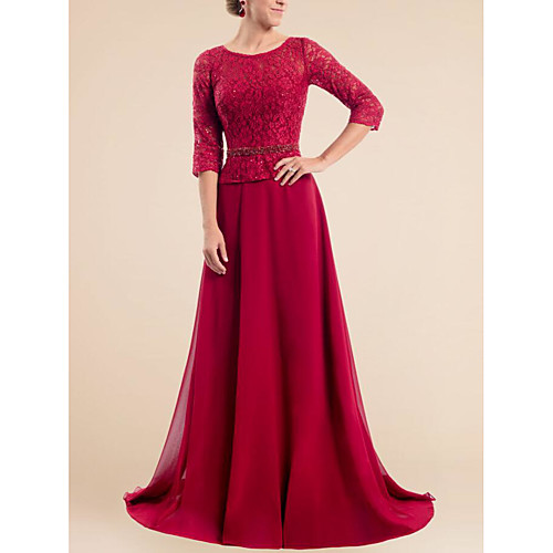 

A-Line Jewel Neck Sweep / Brush Train Chiffon / Lace Formal Evening Dress with Sequin / Pleats by LAN TING Express