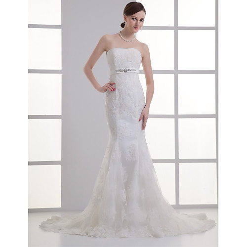 

Mermaid / Trumpet Strapless Court Train Lace / Satin Strapless Made-To-Measure Wedding Dresses with Beading / Appliques / Sashes / Ribbons 2020