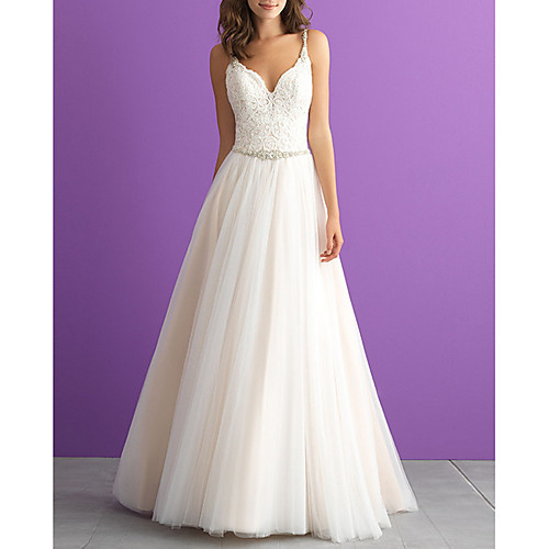 

A-Line V Neck Floor Length Tulle Regular Straps Made-To-Measure Wedding Dresses with Appliques 2020