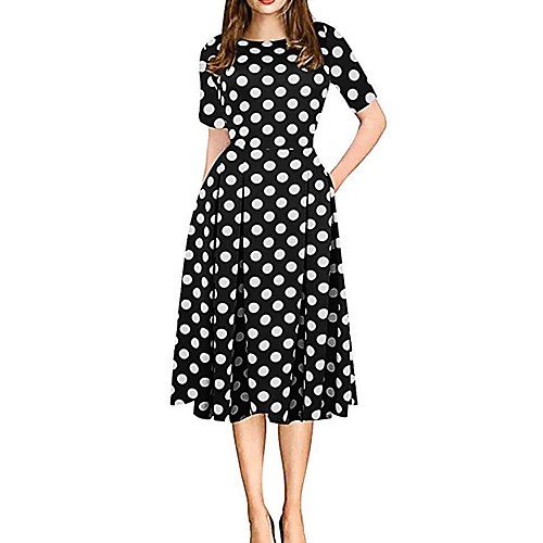 

Women's Elegant A Line Dress - Polka Dot Black White Blushing Pink S M L XL