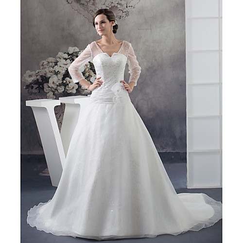 

Ball Gown V Neck Chapel Train Organza / Satin Long Sleeve Made-To-Measure Wedding Dresses with Lace / Ruched 2020 / Bell Sleeve