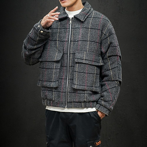 

Men's Daily Regular Jacket, Houndstooth Turndown Long Sleeve Polyester Green / Gray / Khaki