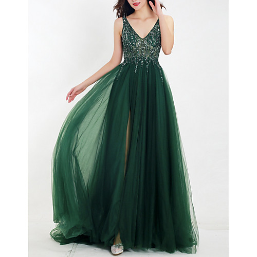 

A-Line V Neck Floor Length Tulle Empire / Green Wedding Guest / Prom Dress with Beading / Split / Appliques 2020