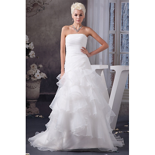 

Mermaid / Trumpet Strapless Chapel Train Organza / Satin Strapless Plus Size Made-To-Measure Wedding Dresses with Cascading Ruffles / Ruched 2020