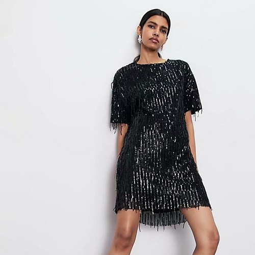 

Women's 1920s Elegant The Great Gatsby Mini T Shirt Dress - Solid Colored Sequins Tassel Fringe Black XS S M L
