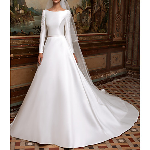 

A-Line Bateau Neck Sweep / Brush Train Lace / Charmeuse Long Sleeve Made-To-Measure Wedding Dresses with Draping / Lace 2020