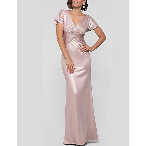 

Sheath / Column Plunging Neck Floor Length Polyester Short Sleeve Elegant & Luxurious Mother of the Bride Dress with Ruching 2020