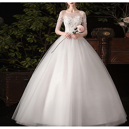 

Ball Gown Jewel Neck Sweep / Brush Train Lace / Tulle Half Sleeve Glamorous See-Through / Illusion Sleeve Wedding Dresses with Lace Insert / Appliques 2020