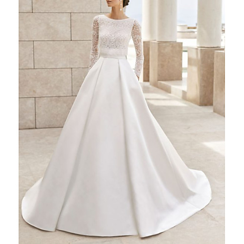 

A-Line Jewel Neck Court Train Lace / Satin Long Sleeve Simple Elegant Wedding Dresses with Lace Insert 2020