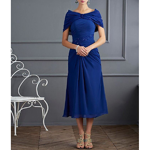 

A-Line Bateau Neck Tea Length Chiffon Short Sleeve Plus Size Mother of the Bride Dress with Beading / Ruching 2020