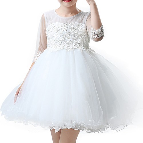 

A-Line Knee Length Flower Girl Dress - Tulle 3/4 Length Sleeve Jewel Neck with Appliques / Cascading Ruffles