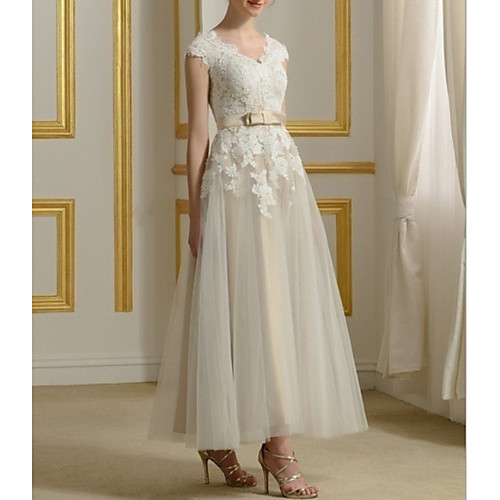 

A-Line V Neck Floor Length Tulle Regular Straps Made-To-Measure Wedding Dresses with Beading / Appliques 2020