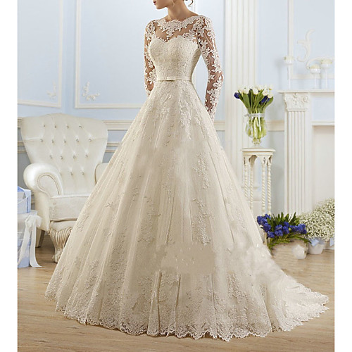 

A-Line Jewel Neck Sweep / Brush Train Tulle Long Sleeve Made-To-Measure Wedding Dresses with Beading / Appliques 2020