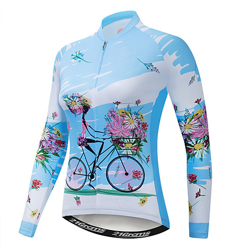 

21Grams Floral Botanical Women's Long Sleeve Cycling Jersey - Blue Bike Jersey Top UV Resistant Breathable Moisture Wicking Sports Winter Fleece Polyester Elastane Mountain Bike MTB Road Bike Cycling