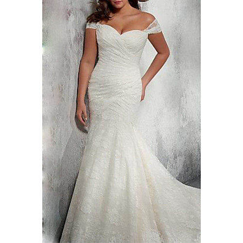 

Mermaid / Trumpet Off Shoulder Court Train Chiffon / Lace Cap Sleeve Made-To-Measure Wedding Dresses with Ruched 2020