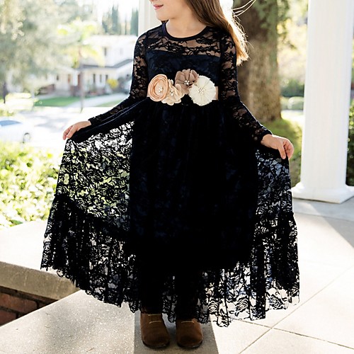 

A-Line Floor Length Flower Girl Dress - Lace Long Sleeve Jewel Neck with Appliques / Sash / Ribbon