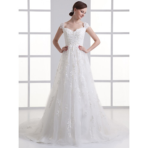 

A-Line Sweetheart Neckline Court Train Lace / Satin / Tulle Cap Sleeve Made-To-Measure Wedding Dresses with Beading / Appliques 2020