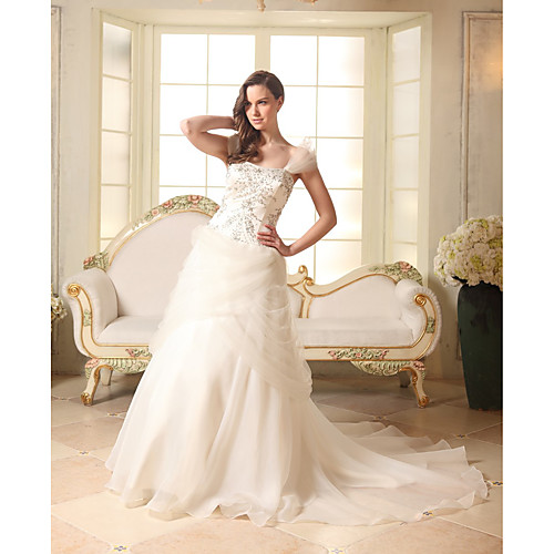 

A-Line Strapless Chapel Train Organza / Satin / Tulle Strapless Made-To-Measure Wedding Dresses with Beading / Embroidery 2020