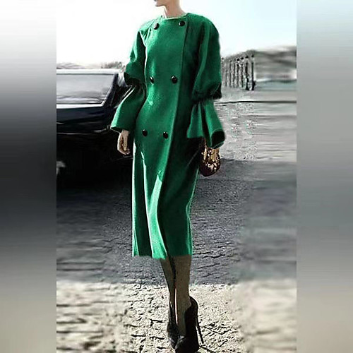 

Women's Daily Fall & Winter Long Coat, Solid Colored Round Neck Long Sleeve Polyester Green