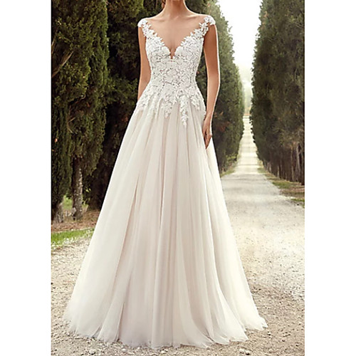 

A-Line V Neck Court Train Organza / Stretch Satin Regular Straps Wedding Dresses with Ruched / Appliques 2020